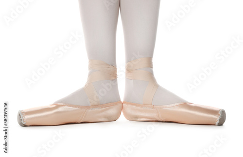 Ballerina in pointe shoes on white background, closeup
