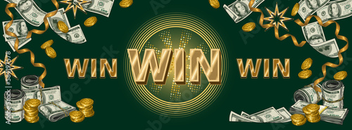 Horizontal win banner, poster, header for website. 100 US dollar bills, wads, shiny golden dollar sign, stars, text, halftone shape. Gambling advertising illustration on dark green background.