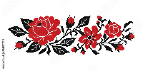 Realistic Cross-Stitch Embroideried Composition with Roses. Ethnic Floral Motif, Handmade Stylization. Traditional Ukrainian Red and Black Embroidery. Ethnic Design Element. Vector 3d Illustration