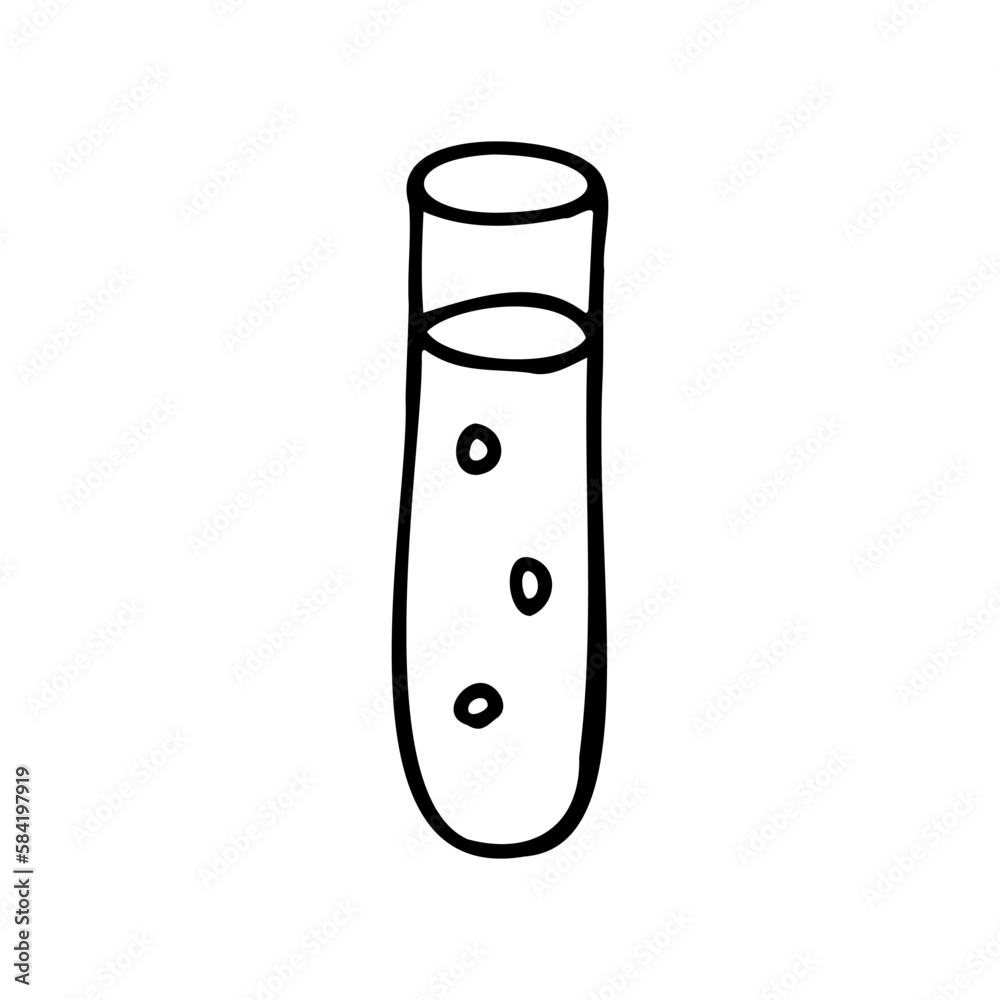 Test tube with liquid. Glass laboratory chemical test tube for chemical reactions and sampling. Doodle. Vector illustration. Hand drawn. Outline. Test tube with liquid. Glass laboratory chemical test tube for chemical reactions and sampling. Doodle. Vector illustration. Hand drawn. Outline.
