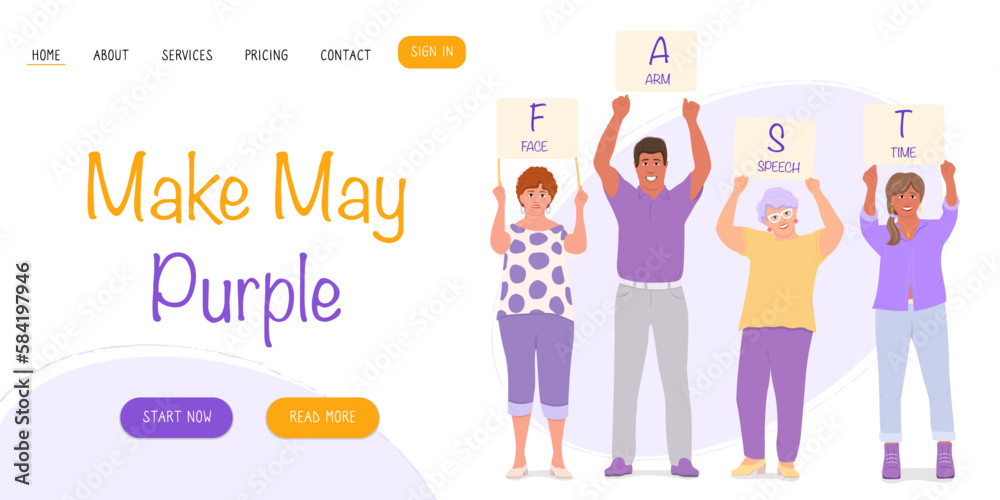 People holding cards with symptoms of brain stroke. Make May Purple. Vector banner, poster, card and background for annual stroke awareness month