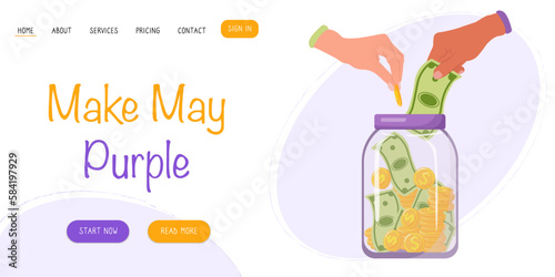 Make May Purple. Vector banner, poster, card and background for annual stroke awareness month. Volunteers collecting charitable donations. Charity financial support concept.