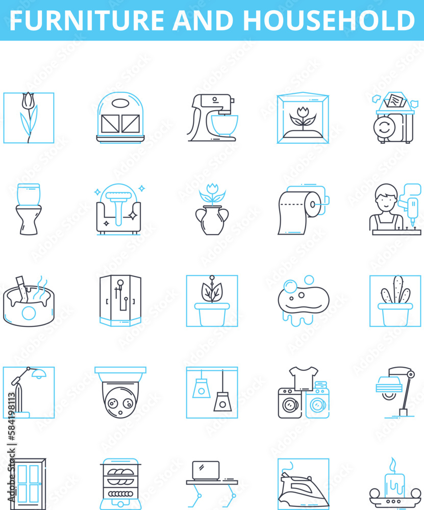 Furniture and household vector line icons set. Furniture, Household, Chair, Couch, Table, Desk, Bed illustration outline concept symbols and signs