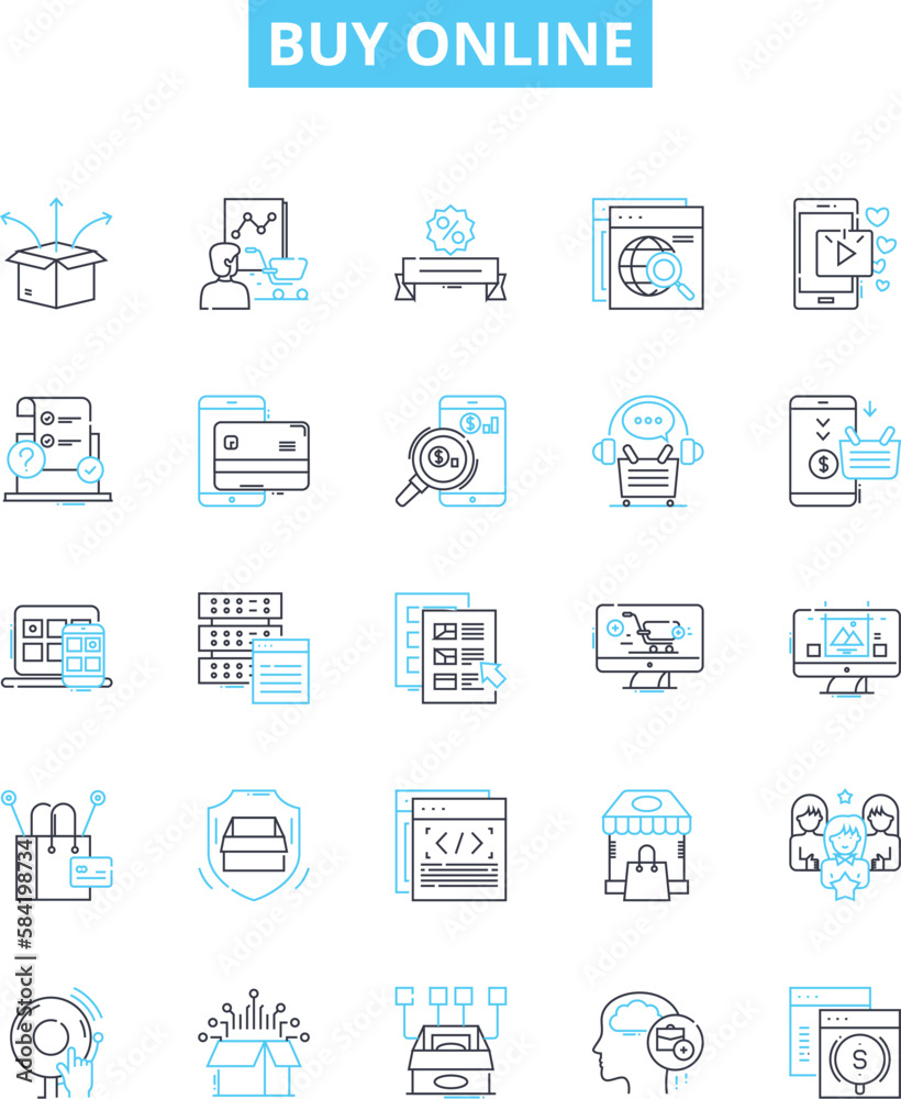 Buy online vector line icons set. Purchase, Order, Obtain, Shop, Buy, Procure, Acquire illustration outline concept symbols and signs