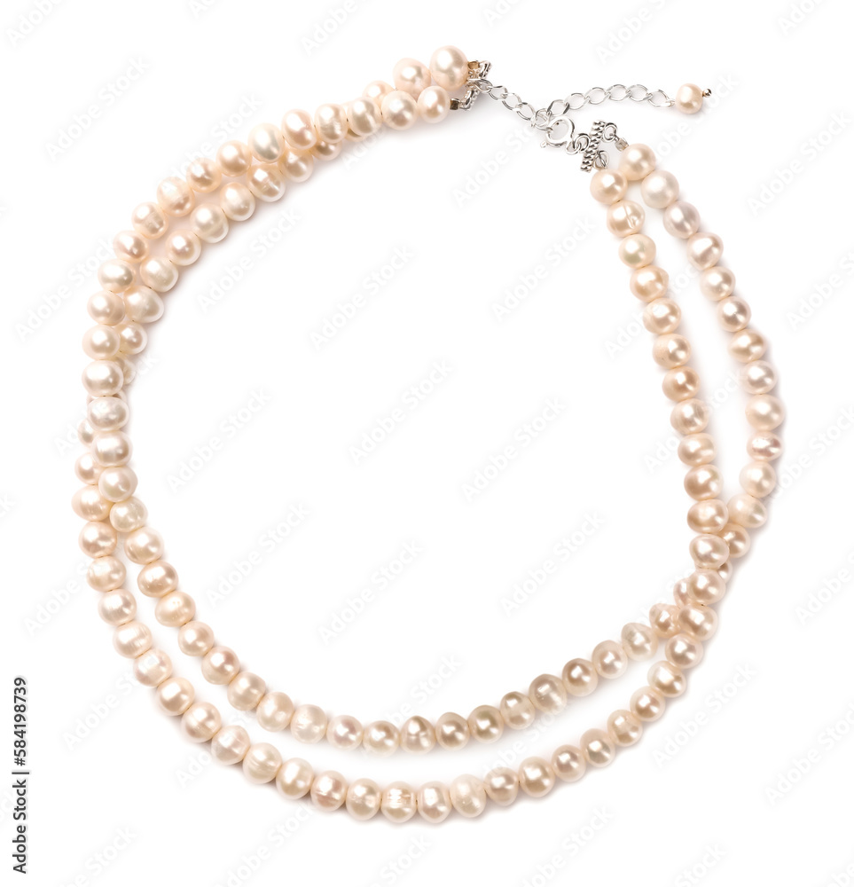 Elegant pearl necklace isolated on white, top view Elegant pearl necklace isolated on white, top view