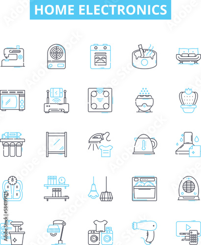 Home electronics vector line icons set. Fridge, TV, Stove, Washer, Dryer, Blender, Toaster illustration outline concept symbols and signs