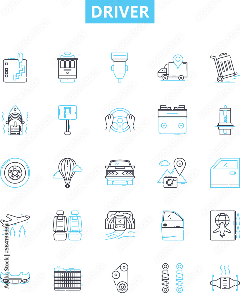 Driver vector line icons set. Driver, Chauffeur, Courier, Pilot, Operator, Conductor, Navigator illustration outline concept symbols and signs