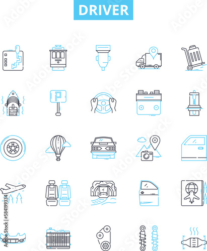 Driver vector line icons set. Driver, Chauffeur, Courier, Pilot, Operator, Conductor, Navigator illustration outline concept symbols and signs photo