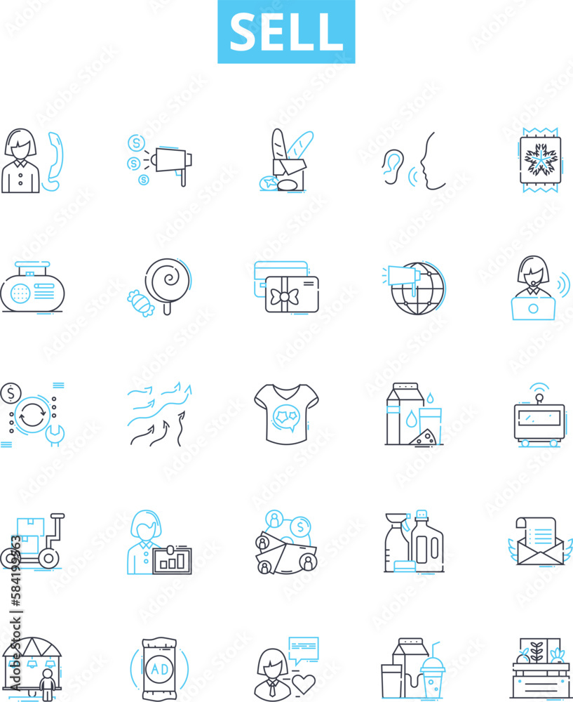 Sell vector line icons set. Sell, Market, Trade, Transact, Promote, Exchange, Retail illustration outline concept symbols and signs