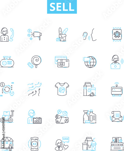 Sell vector line icons set. Sell, Market, Trade, Transact, Promote, Exchange, Retail illustration outline concept symbols and signs