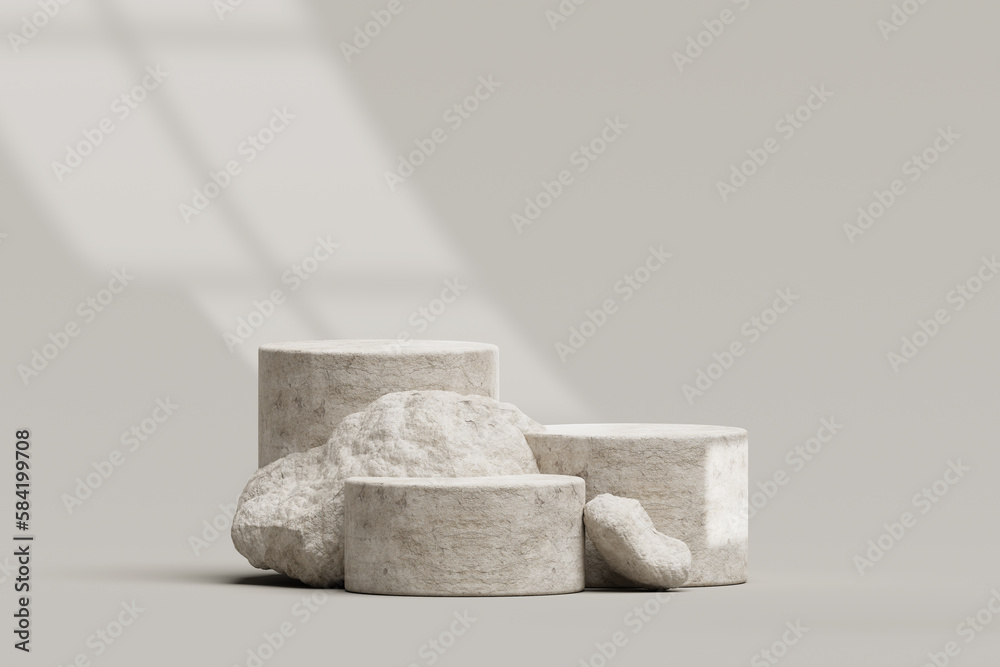 Stone podium rock pedestal stage empty scene luxury product display natural background for product placement 3d rendering - obrazy, fototapety, plakaty 