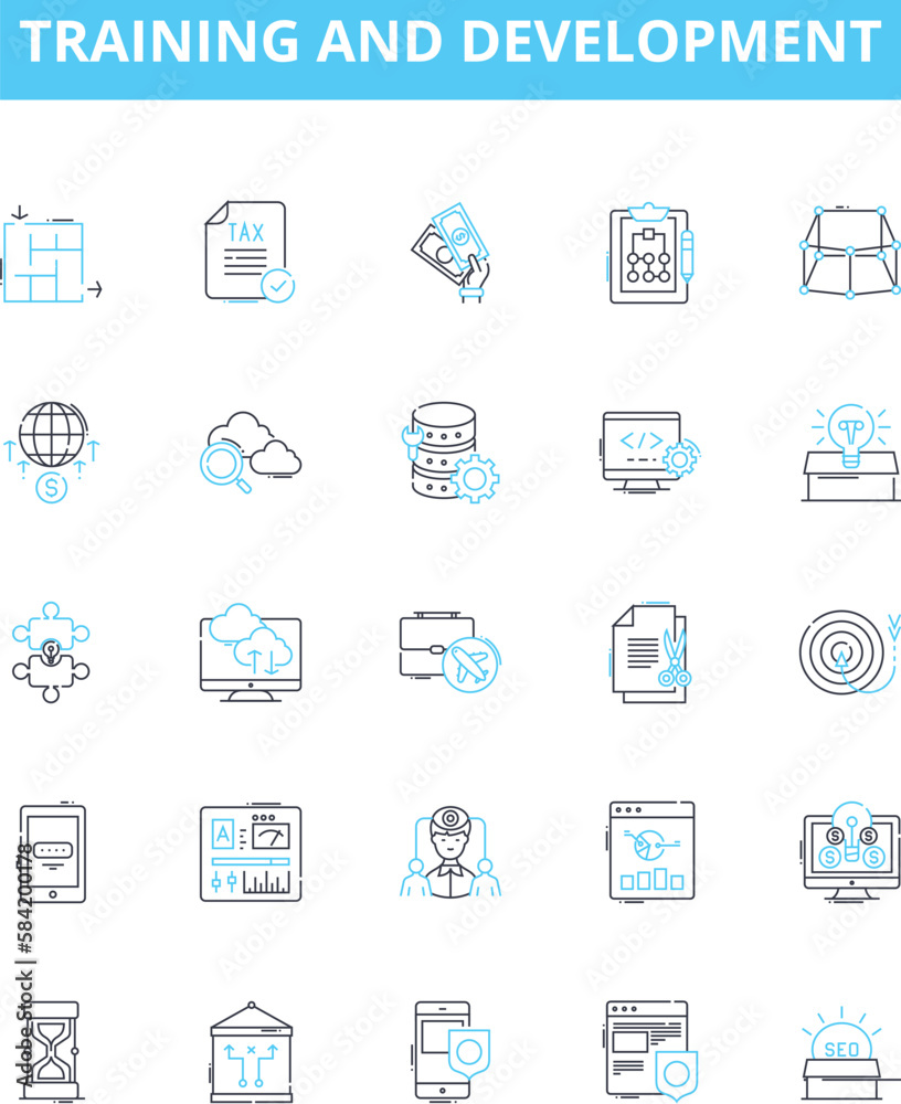 Training and development vector line icons set. Training, Development, Learning, Coaching, Instruction, Course, Educating illustration outline concept symbols and signs