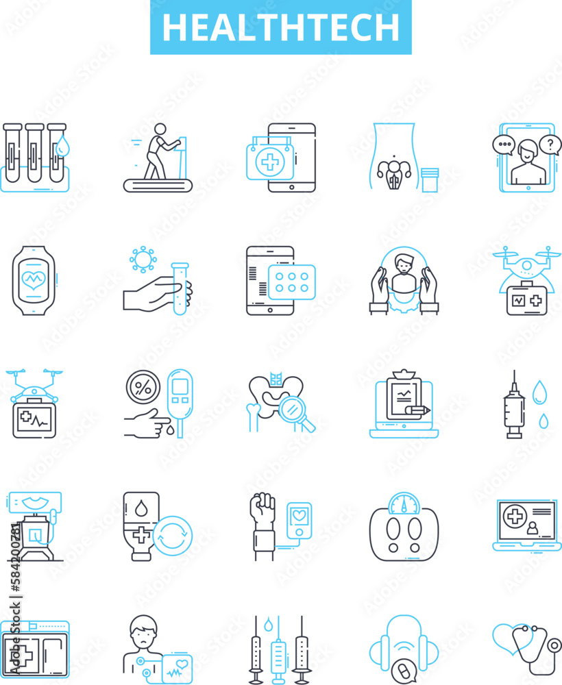 HealthTech vector line icons set. HealthTech, MedicalTech, CareTech, Telehealth, Wearables, Diagnostics, Telemedicine illustration outline concept symbols and signs HealthTech vector line icons set. HealthTech, MedicalTech, CareTech, Telehealth, Wearables, Diagnostics, Telemedicine illustration outline concept symbols and signs