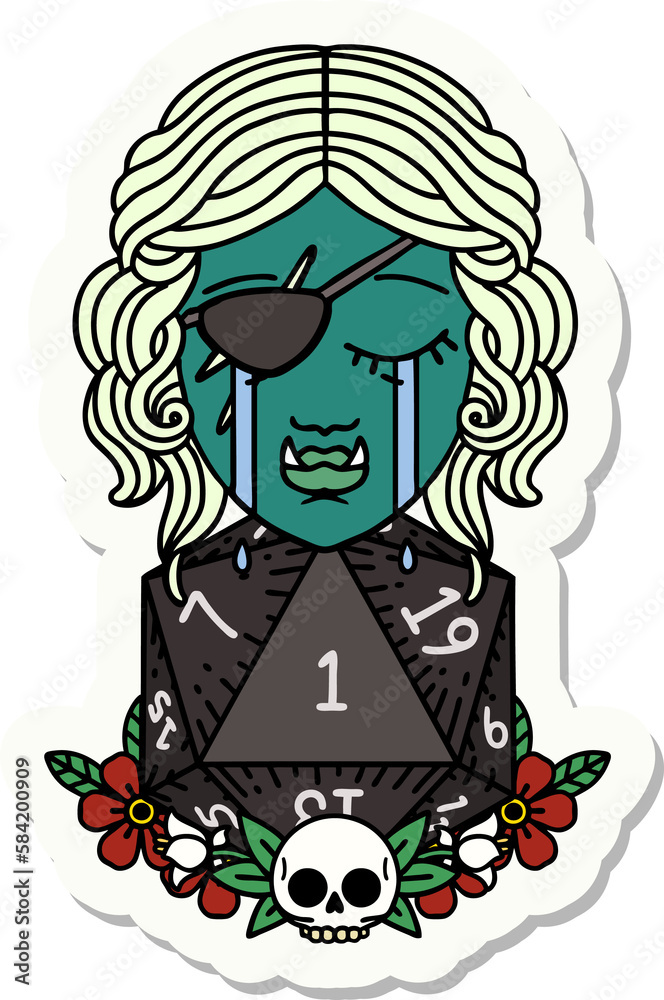 crying half orc rogue character with natural one D20 roll sticker crying half orc rogue character with natural one D20 roll sticker