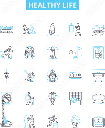 Healthy life vector line icons set. Wellness, Exercise, Nutrition, Hydration, Balance, Joy, Relaxation illustration outline concept symbols and signs