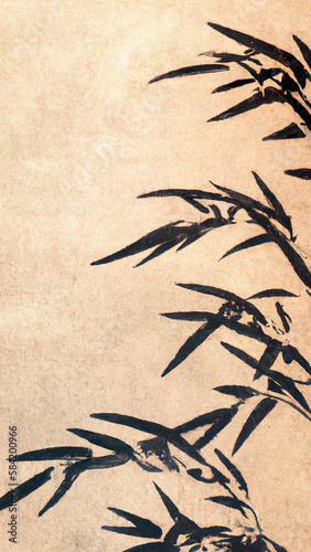 Bamboo leaves image with black plant texture on vintage paper story beige background with copyspace - aesthetic minimal leaf textured design