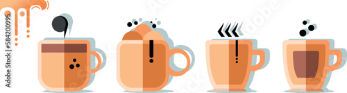 mug logos, bright icons of author's mugs, yellow and black tableware in vector illustration