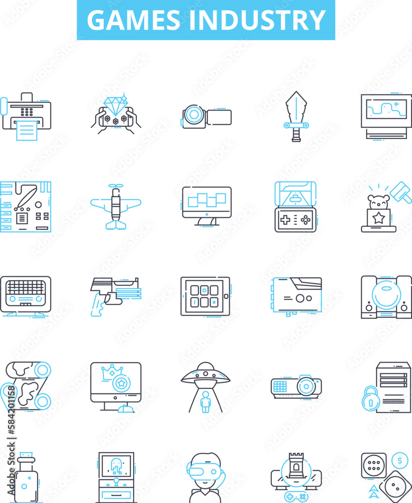 Games industry vector line icons set. Games, Industry, Gaming, Video, Online, Mobile, Esports illustration outline concept symbols and signs Games industry vector line icons set. Games, Industry, Gaming, Video, Online, Mobile, Esports illustration outline concept symbols and signs