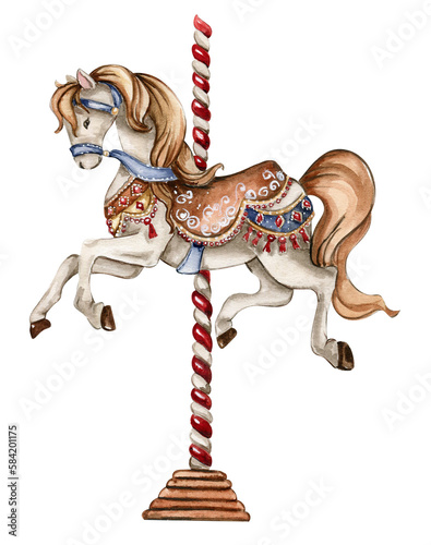 Watercolor hand drawn circus horse vintage style. Perfect for wedding, invitations, blogs, card templates, birthday and baby cards, patterns, quotes. isolater on white background.Cute circus animals .