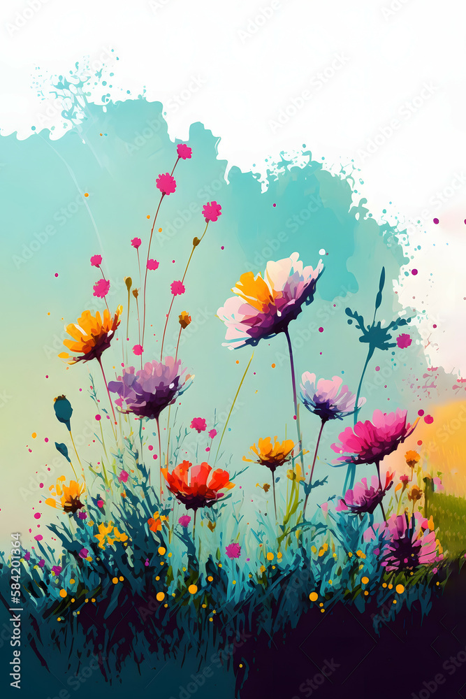 Colorful abstract flower meadow background, a vivid abstract flower landscape with a panoramic background generative AI
