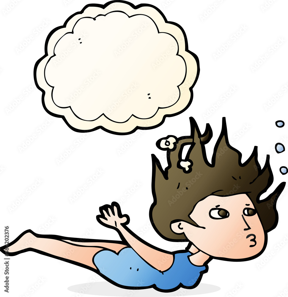 cartoon woman swimming underwater with thought bubble cartoon woman swimming underwater with thought bubble