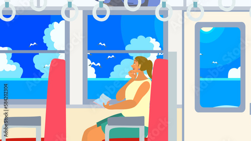 電車に乗って旅行する女性。夏の日差しと海の風景が車窓から見えている。フラットなベクター背景イラスト。
A woman traveling by train. The summer sunshine and the seascape are visible from the train window. Flat designed vector illustration.