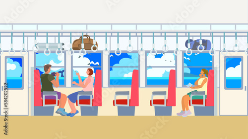 電車に乗って旅行する人たち。夏の日差しと海の風景が車窓から見えている。フラットなベクター背景イラスト。
People traveling by train. The summer sunshine and the seascape are visible from the train window. Flat designed vector background illustration.