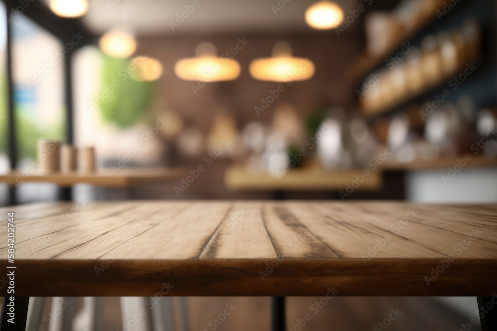 Empty Beautiful wood table and coffee cafe with light in brown tone background, Ready for product montage Empty Beautiful wood table and coffee cafe with light in brown tone background, Ready for product montage