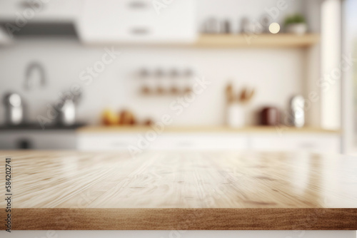 Empty Beautiful wood table  top and blur bokeh modern kitchen interior background in clean and bright, Ready for product montage