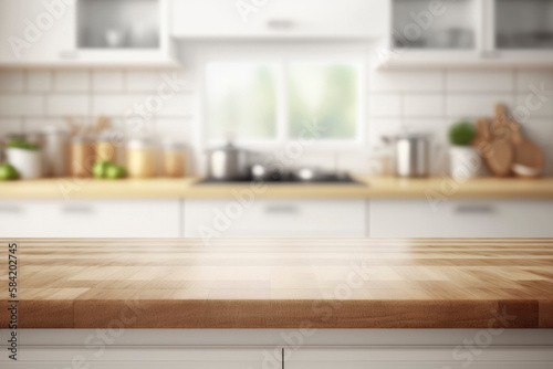 Empty Beautiful wood table  top and blur bokeh modern kitchen interior background in clean and bright, Ready for product montage