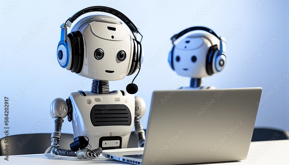 Robots wearing headphones serve as customer service personnel answering phone calls and answering phone questions and typing answers on laptops,notebooks.Chat gpt concept.
