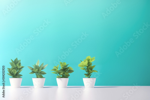 Four plant post turquoise room background created with Generative AI technology