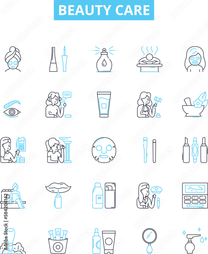Beauty care vector line icons set. Skincare, cosmetics, hygiene, make-up, hair, facials, nails illustration outline concept symbols and signs