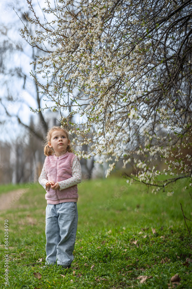 Little girl enjoying nice and sunny spring day near blooming apple tree in Prague park Little girl enjoying nice and sunny spring day near blooming apple tree in Prague park