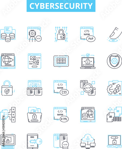 Cybersecurity vector line icons set. Cybersecurity, Cyberdefense, Cyberattack, Network Security, Encryption, Firewalls, Security Protocols illustration outline concept symbols and signs