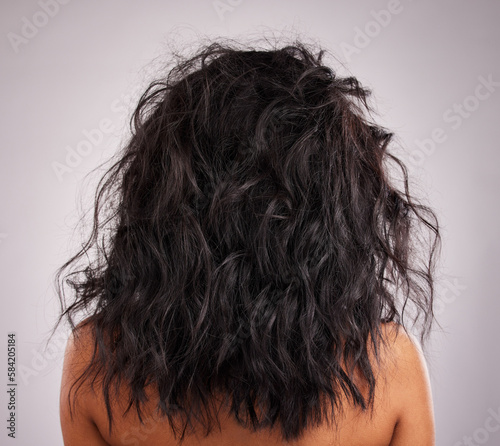 Beauty, crazy hair and closeup of a woman back with healthy and wellness of a hairstyle. Cosmetic, beautiful curls and messy haircut textures of female with salon treatment and white background