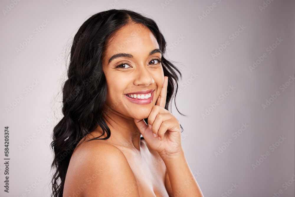 Hair, happy woman and beauty with portrait, cosmetics and hairstyle on studio background. Wellness, shine and female smile, face and cosmetic care, keratin treatment and texture, volume and mockup Hair, happy woman and beauty with portrait, cosmetics and hairstyle on studio background. Wellness, shine and female smile, face and cosmetic care, keratin treatment and texture, volume and mockup