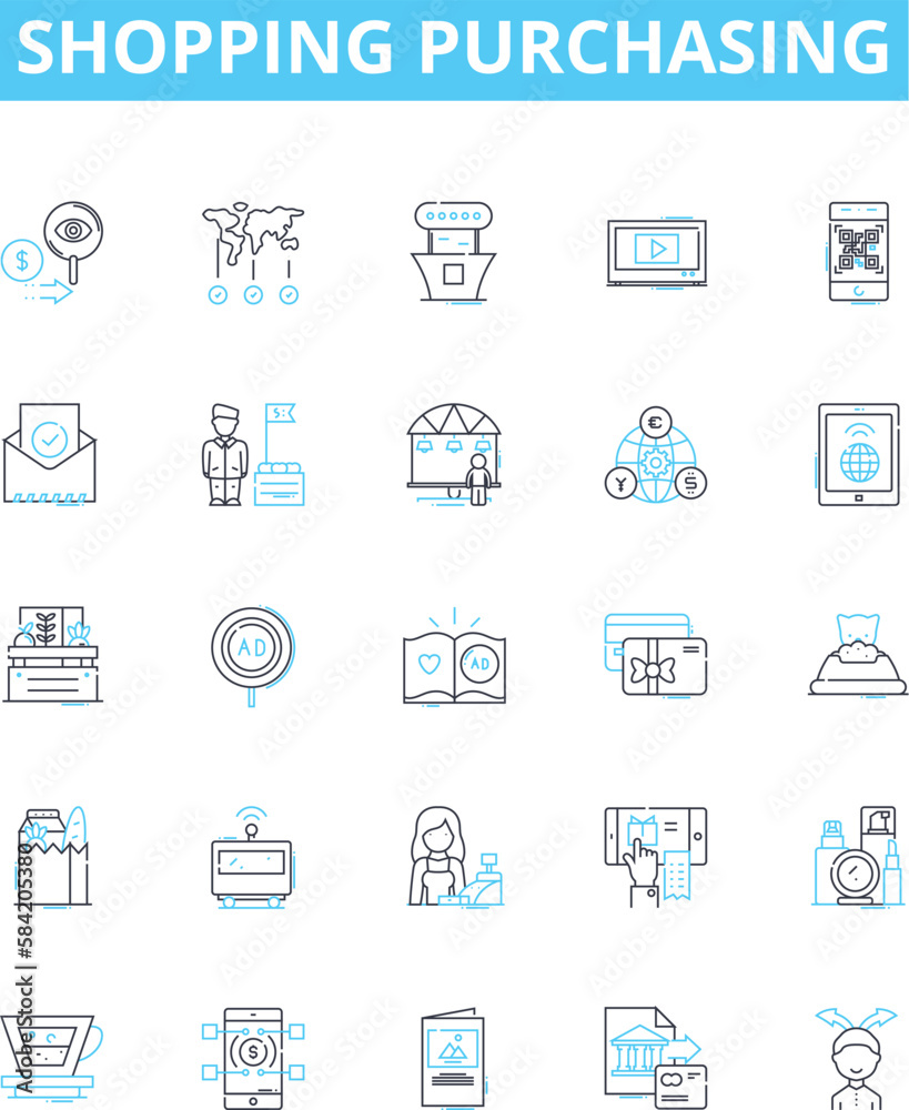 Shopping purchasing vector line icons set. Buying, Shopping, Acquiring, Purchase, Procurement, Ordering, Obtaining illustration outline concept symbols and signs Shopping purchasing vector line icons set. Buying, Shopping, Acquiring, Purchase, Procurement, Ordering, Obtaining illustration outline concept symbols and signs