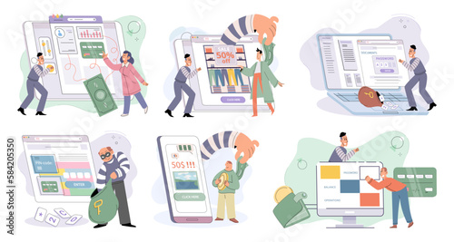 Hacker activity. Hacking computer. Phishing account, steal data, cyber attack. Stealing password. Cyber crime, theft personal information, cyber security spy access. Internet fraud scenes set metaphor