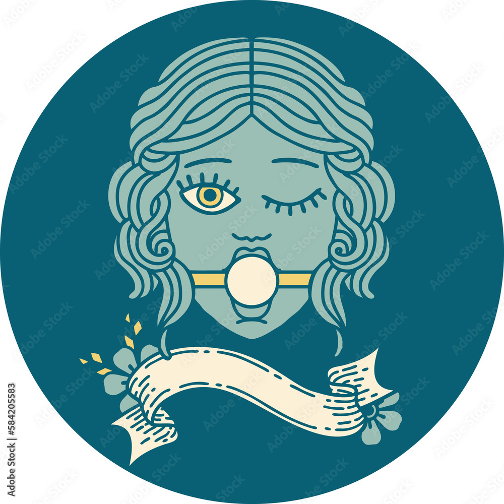 icon with banner of winking female face with ball gag