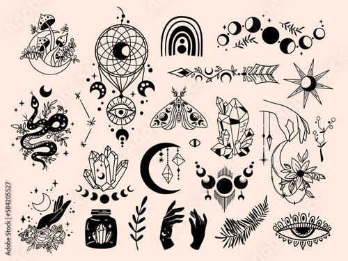 Mystical celestial clipart bundle, Mysticism and esoteric vector kit, Flower moon, dream catcher, mushrooms, witchy hands, moon phases and other spiritual elements isolated vector elements
