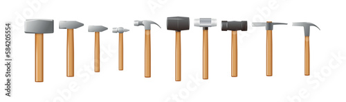 Set of hammers with a wooden handle. Vector industrial workers tool. Equipment for repair, contract and locksmith work. Vector