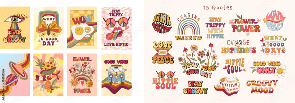 Groovy 70s retro lettering compositions kit, flowers, mushrooms and rainbow, love and peace hippie nostalgia positive vibes, optimistic quote for inspiration vector hand drawn art