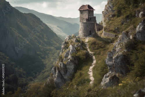Tela Majestic peak overlooking a treacherous medieval landscape (Generative AI)