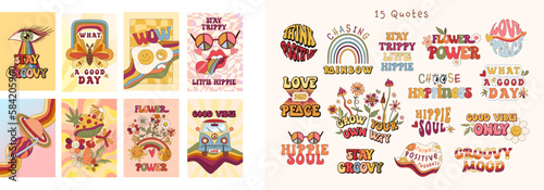 фотография Groovy 70s retro lettering compositions kit, flowers, mushrooms and rainbow, lov
