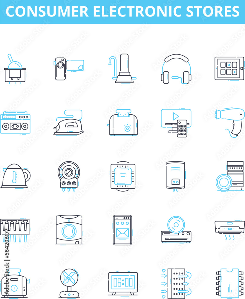 Consumer electronic stores vector line icons set. Electronics, Consumer, Store, Shopping, Appliances, Retailer, Buyers illustration outline concept symbols and signs