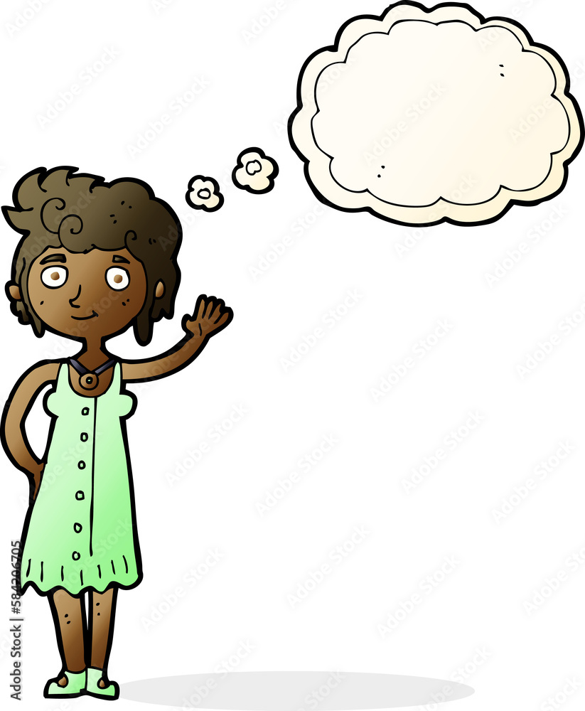 cartoon hippie woman waving with thought bubble cartoon hippie woman waving with thought bubble