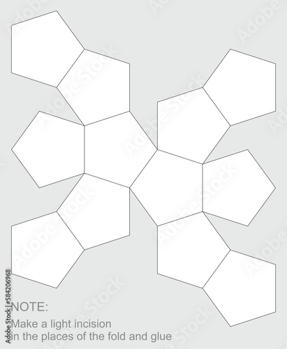 Die cut dodecahedron template. Unfolding polygon with cutting and scoring lines. Cut and glue yourself out of paper. 3D figure layout on a plane. Unwrapping shape. Vector