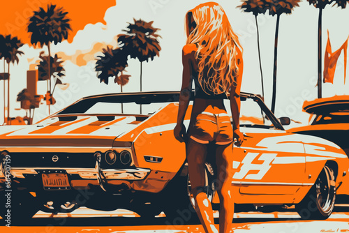 Summer concept. Girl on the way to summer holidays. Vector art. Generative AI technology.