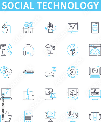 Social technology vector line icons set. social, technology, media, networking, marketing, collaboration, software illustration outline concept symbols and signs